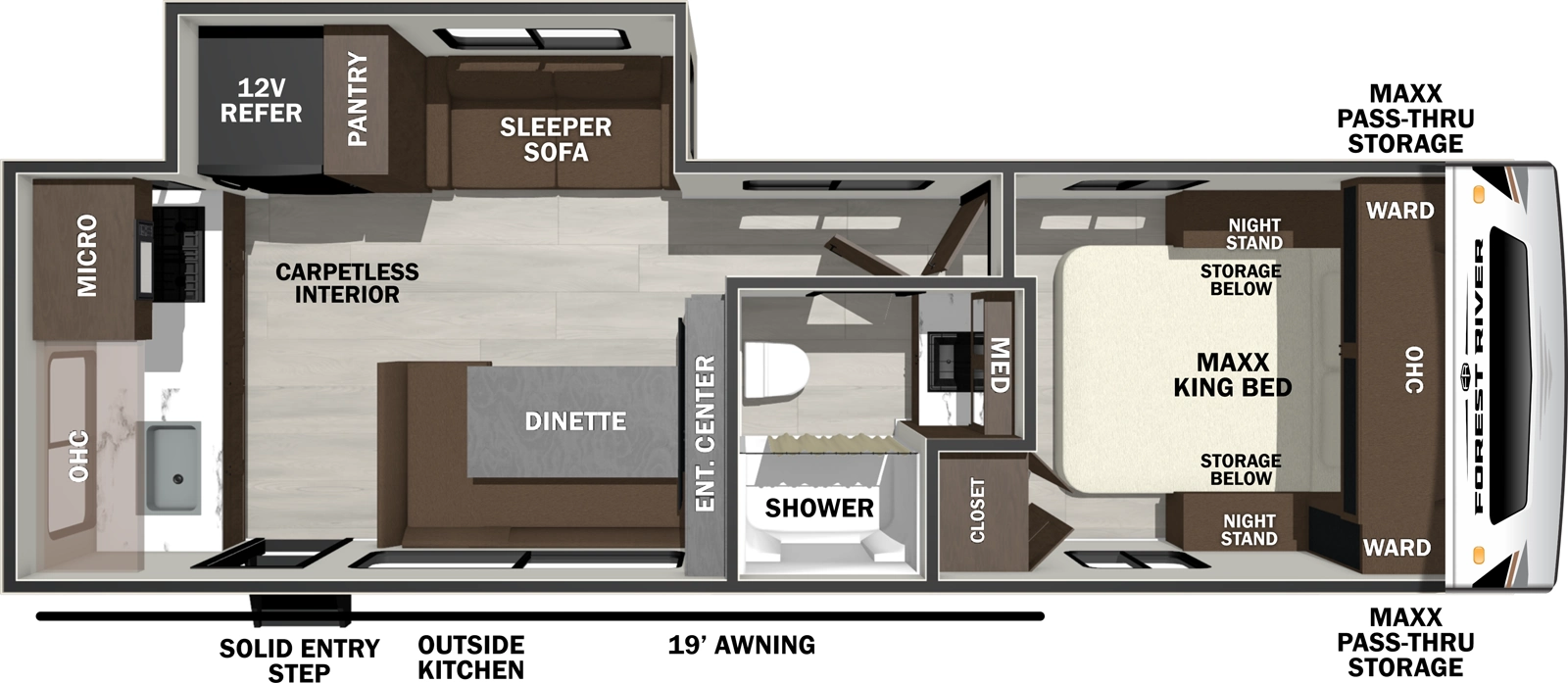 The Wildcat Travel Trailers 249RKX floorplan has one entry and one slide out. Exterior features include: fiberglass exterior and 19' awning. Interiors features include: rear kitchen and front bedroom.